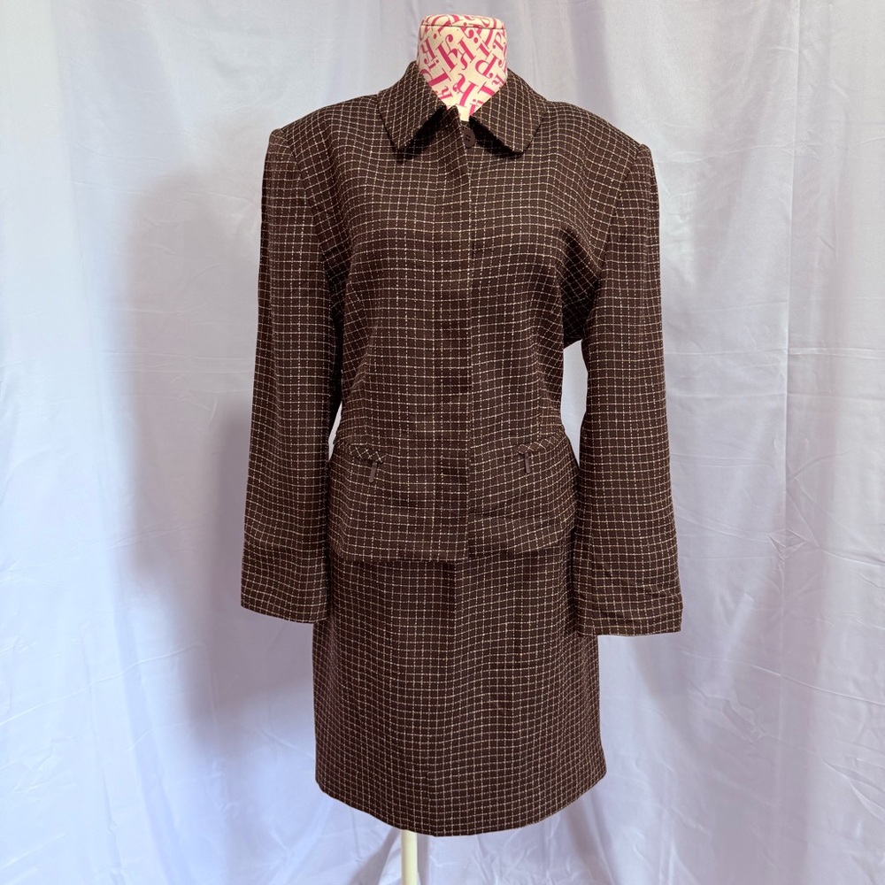 Georgiou Studio Skirt Suit Vintage Y2K Brown Windowpane Blazer Office Size 10,14